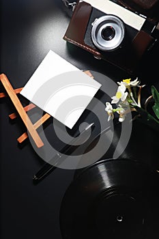 Vinyl plate and retro camera