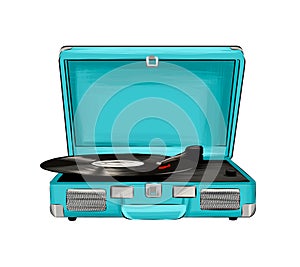 Vinyl player from multicolored paints. Splash of watercolor, colorful drawing, realistic