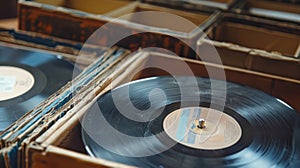 Vinyl record amidst a crate of albums. Vintage music collection concept. Concept of record hunting, music archives, and