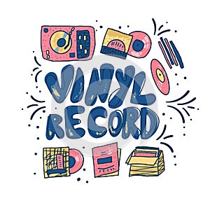 Vinyl record concept. Vector color text and decor.