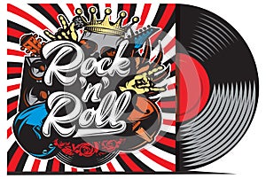 Vinyl record with cover mockup. Typography with rock n roll pattern.. Vector illustration. Place your text