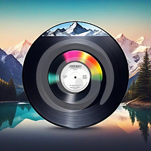 Vinyl record cover with a mountain