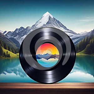 Vinyl record cover with a mountain