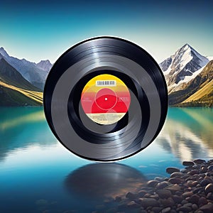 Vinyl record cover with a mountain
