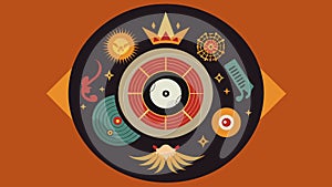 A vinyl record with intricate artwork depicting a fusion of different cultural symbols representing the diverse