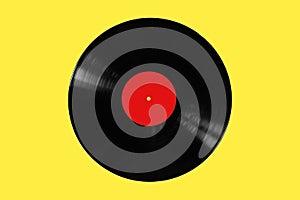 Vinyl record isolated on a yellow background. View from above