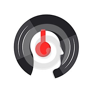 Vinyl record music vector with head human wearing headphone illustrattion on white background