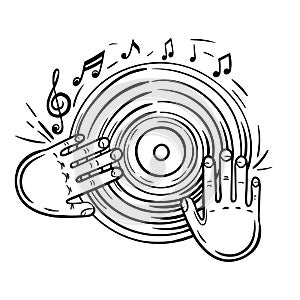 Vinyl record and musical notes.Disc with dj hand vector sketch icon isolated on background