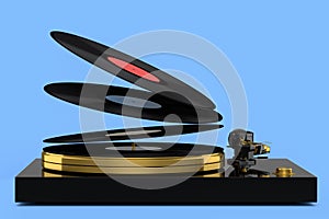 Vinyl record player or DJ turntable with flying vinyl plate on blue background.