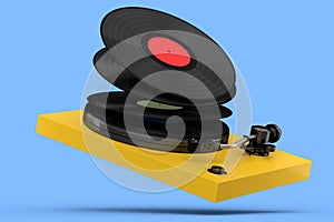 Vinyl record player or DJ turntable with flying vinyl plate on blue background.