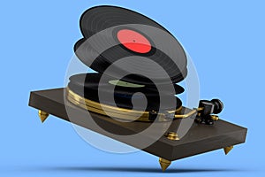 Vinyl record player or DJ turntable with flying vinyl plate on blue background.