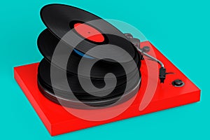 Vinyl record player or DJ turntable with flying vinyl plate on green background.