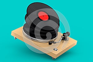 Vinyl record player or DJ turntable with flying vinyl plate on green background.