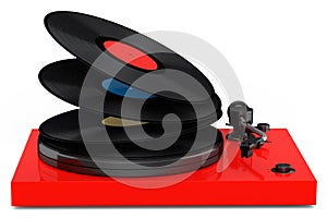 Vinyl record player or DJ turntable with flying vinyl plate on white background.