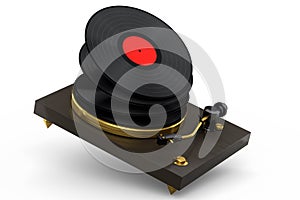 Vinyl record player or DJ turntable with flying vinyl plate on white background.