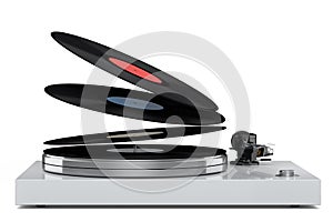 Vinyl record player or DJ turntable with flying vinyl plate on white background.