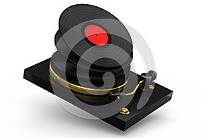 Vinyl record player or DJ turntable with flying vinyl plate on white background.