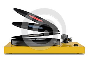 Vinyl record player or DJ turntable with flying vinyl plate on white background.