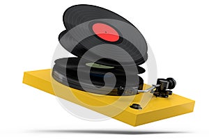 Vinyl record player or DJ turntable with flying vinyl plate on white background.