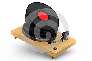 Vinyl record player or DJ turntable with flying vinyl plate on white background.