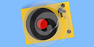 Vinyl record player or DJ turntable with retro vinyl disk on blue background.