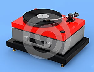 Vinyl record player or DJ turntable with retro vinyl disk on blue background.