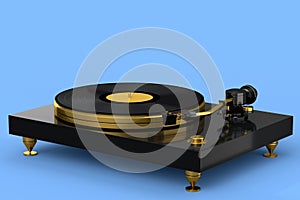 Vinyl record player or DJ turntable with retro vinyl disk on blue background.