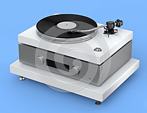 Vinyl record player or DJ turntable with retro vinyl disk on blue background.