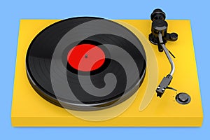 Vinyl record player or DJ turntable with retro vinyl disk on blue background.