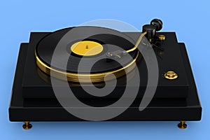 Vinyl record player or DJ turntable with retro vinyl disk on blue background.