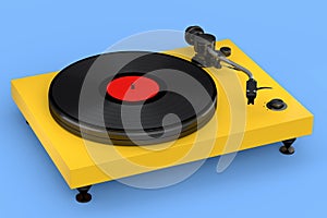 Vinyl record player or DJ turntable with retro vinyl disk on blue background.