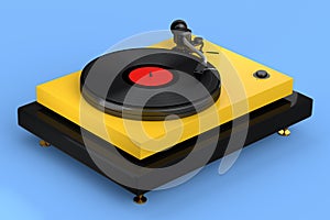 Vinyl record player or DJ turntable with retro vinyl disk on blue background.