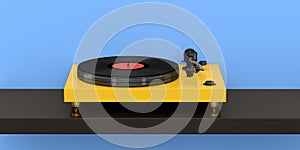 Vinyl record player or DJ turntable with retro vinyl disk on blue background.