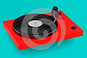 Vinyl record player or DJ turntable with retro vinyl disk on green background.