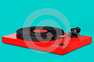 Vinyl record player or DJ turntable with retro vinyl disk on green background.