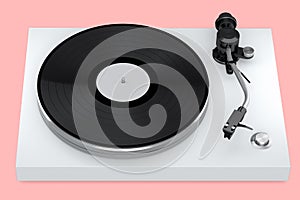 Vinyl record player or DJ turntable with retro vinyl disk on pink background.