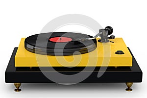 Vinyl record player or DJ turntable with retro vinyl disk on white background.