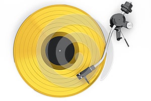 Vinyl record player or DJ turntable with retro vinyl disk on white background.