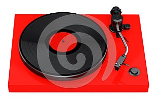 Vinyl record player or DJ turntable with retro vinyl disk on white background.