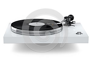 Vinyl record player or DJ turntable with retro vinyl disk on white background.