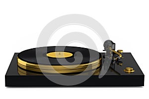 Vinyl record player or DJ turntable with retro vinyl disk on white background.