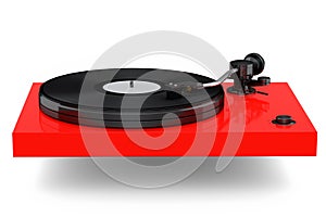 Vinyl record player or DJ turntable with retro vinyl disk on white background.