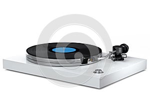 Vinyl record player or DJ turntable with retro vinyl disk on white background.