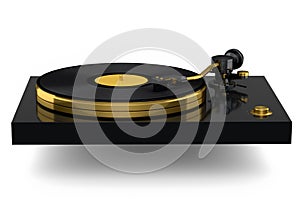 Vinyl record player or DJ turntable with retro vinyl disk on white background.