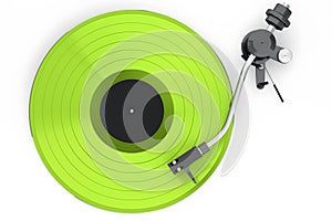 Vinyl record player or DJ turntable with retro vinyl disk on white background.