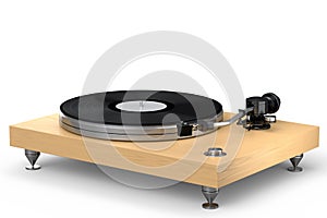 Vinyl record player or DJ turntable with retro vinyl disk on white background.