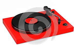 Vinyl record player or DJ turntable with retro vinyl disk on white background.