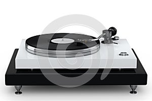 Vinyl record player or DJ turntable with retro vinyl disk on white background.