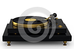 Vinyl record player or DJ turntable with retro vinyl disk on white background.