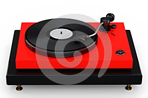 Vinyl record player or DJ turntable with retro vinyl disk on white background.